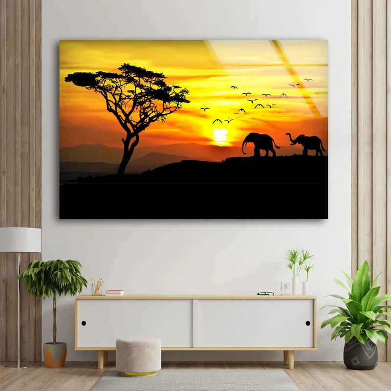 Elephants & Tree Sunset UV Direct Aluminum Print Australian Made Quality