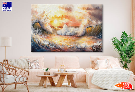 Sea Waves & Sunset Cloudy Sky Watercolor Painting Wall Art Limited Edition High Quality Print