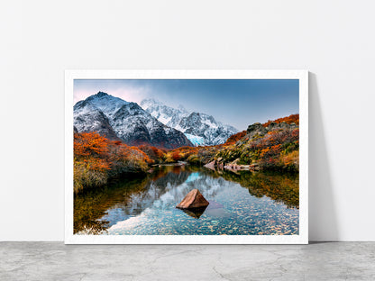 Mountain Reflection In The River Glass Framed Wall Art, Ready to Hang Quality Print Without White Border White