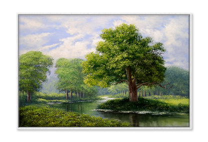 Green Tree Forest & River Cloudy Sky Oil Painting Wall Art Limited Edition High Quality Print Canvas Box Framed White