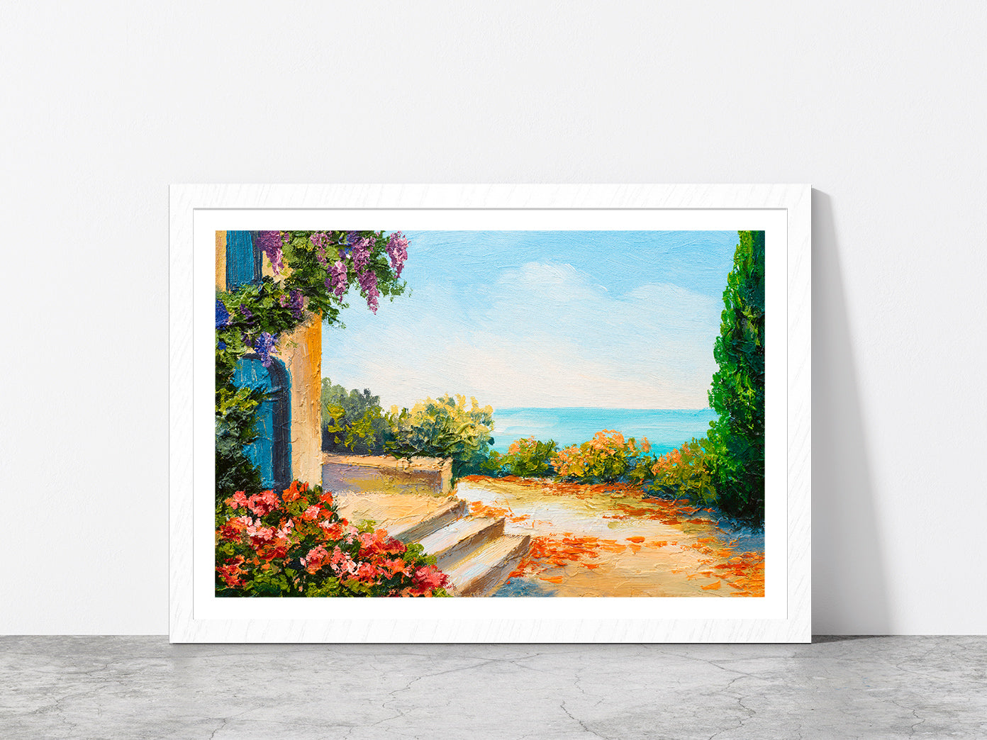 House Near The Sea, Colorful Flowers Glass Framed Wall Art, Ready to Hang Quality Print With White Border White