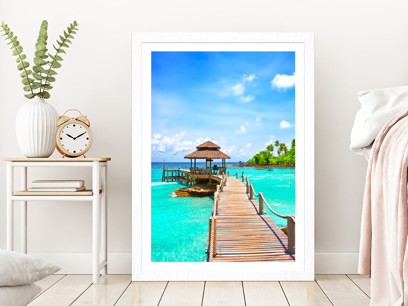 Sea with Pier Under Blue Cloudy Sky Photograph Glass Framed Wall Art, Ready to Hang Quality Print With White Border White