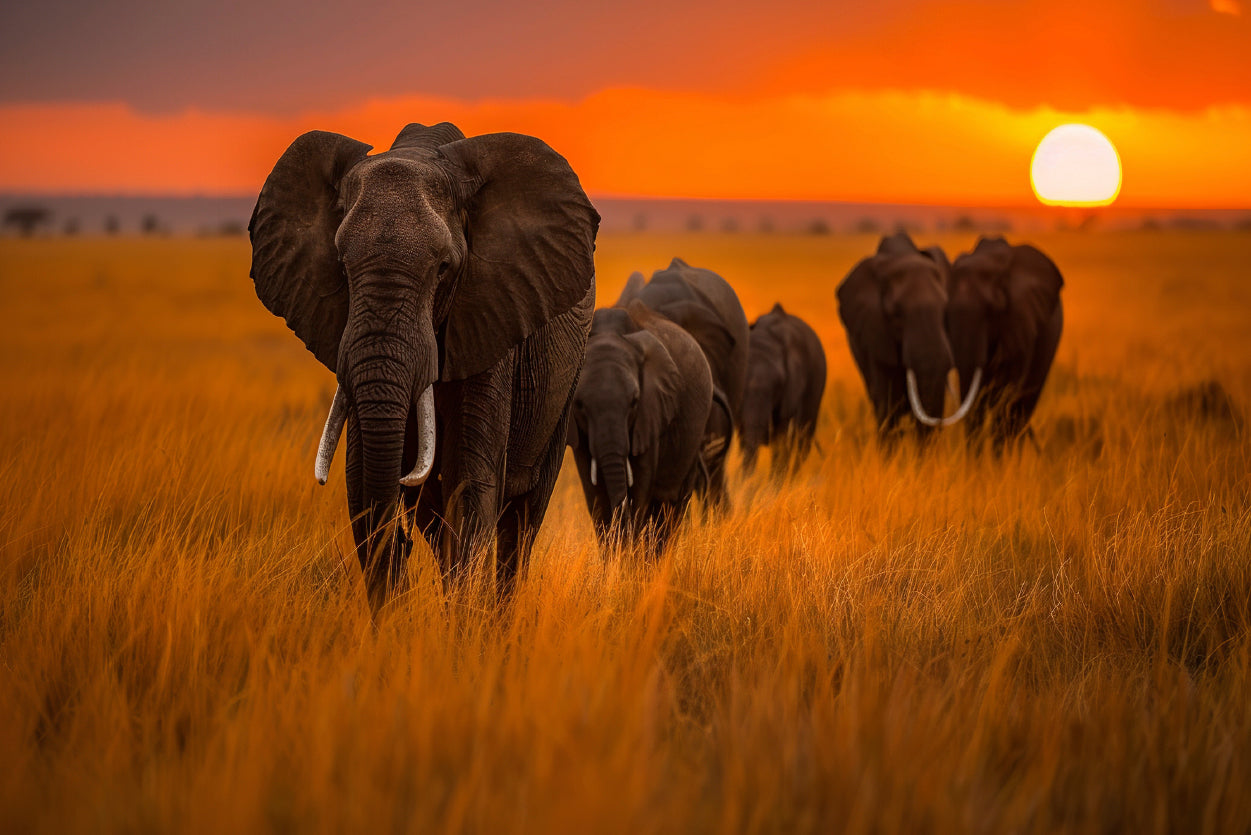 Elephants Walking Through a Field at Sunset View Home Decor Premium Quality Poster Print Choose Your Sizes