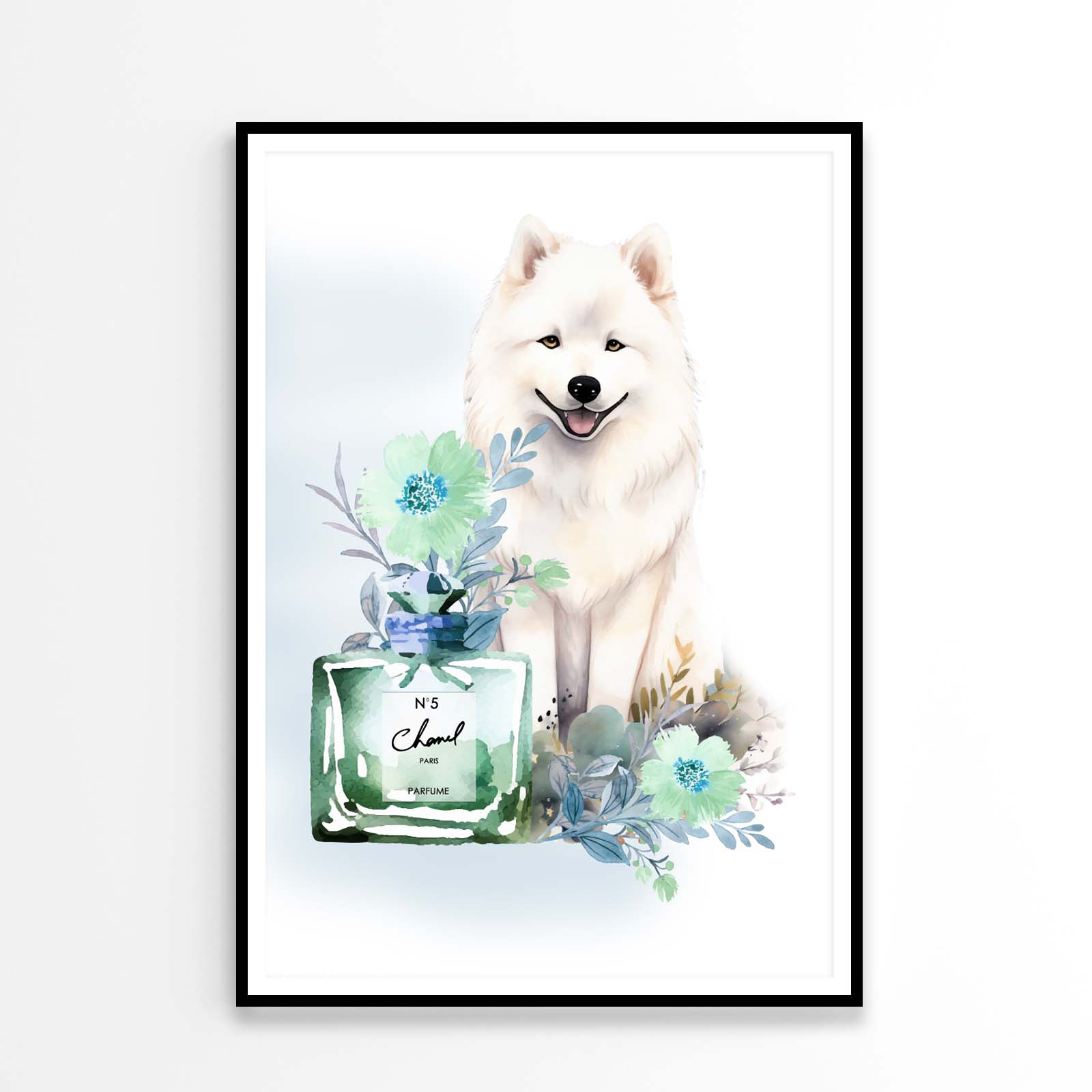 Modern Fashion Perfume with Samoyed Dog Design Home Decor Premium Quality Poster Print Choose Your Sizes