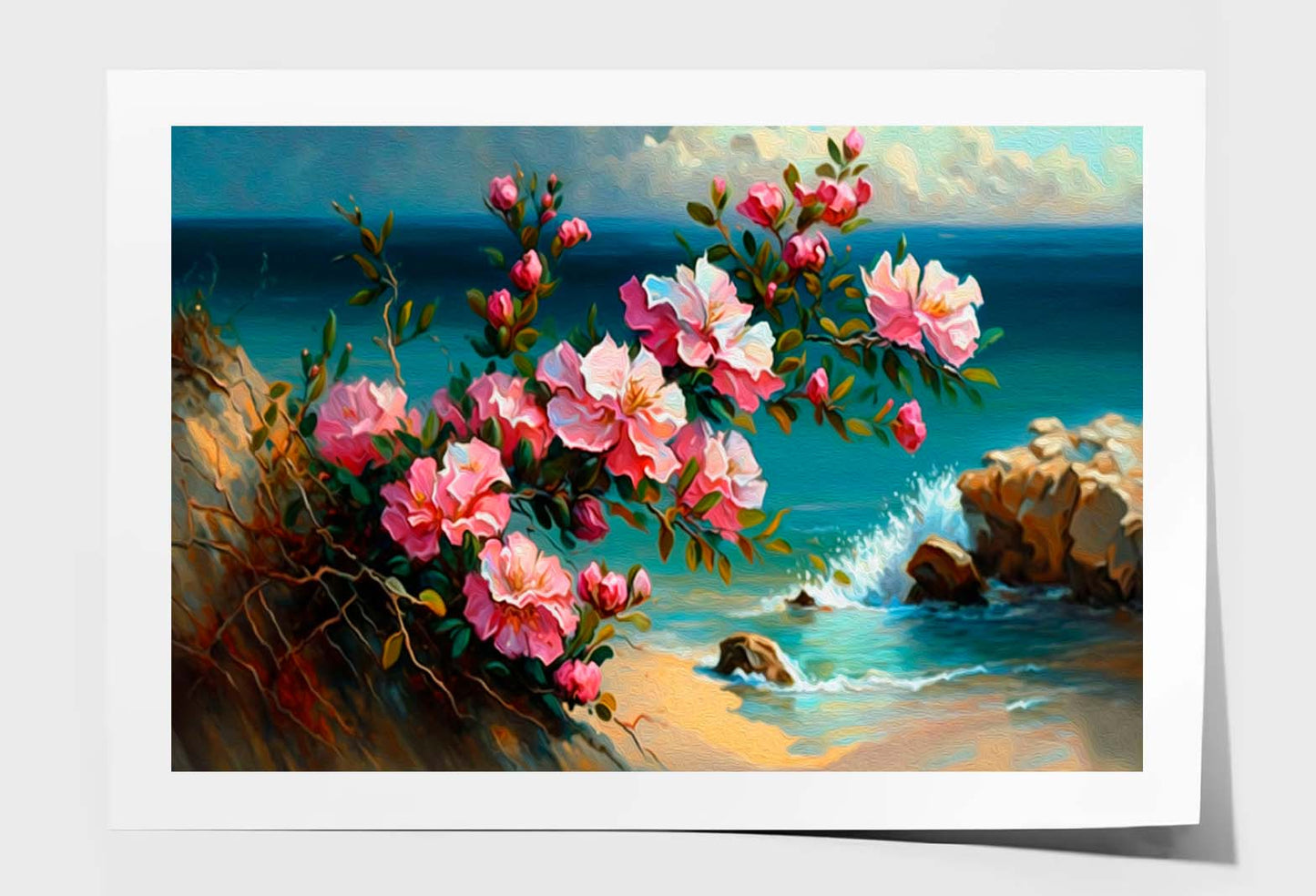 Pink Flowers by The Sea Painting Wall Art Limited Edition High Quality Print