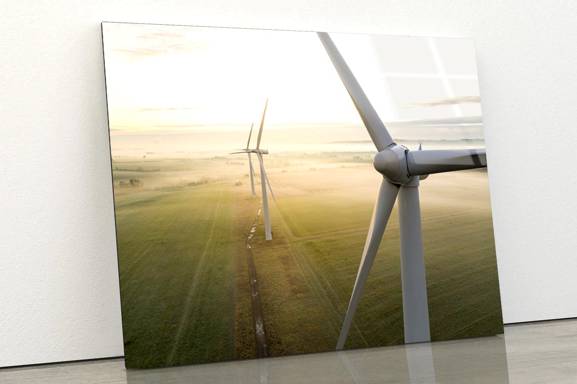 Aerial View Of Three Wind Turbines in The Early Morning Fog at Sunrise Acrylic Glass Print Tempered Glass Wall Art 100% Made in Australia Ready to Hang