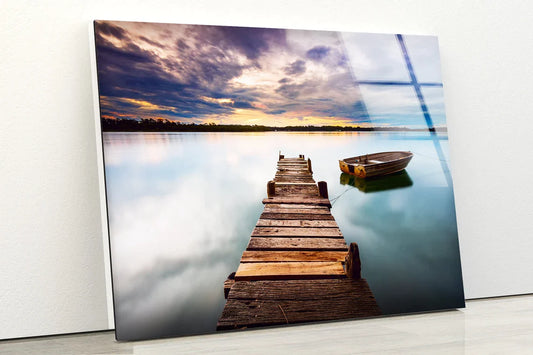 Boat & Pier on Lake UV Direct Aluminum Print Australian Made Quality