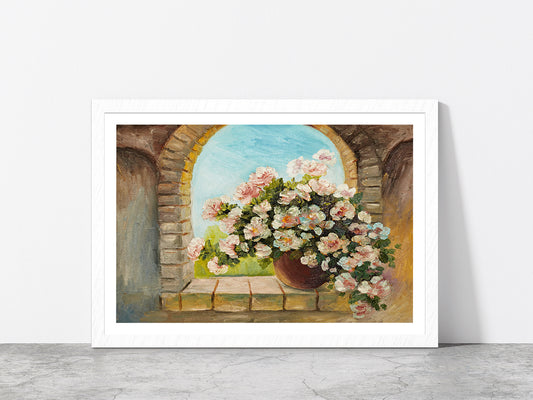 Bouquet Of Flowers On A Stone Sill Glass Framed Wall Art, Ready to Hang Quality Print With White Border White