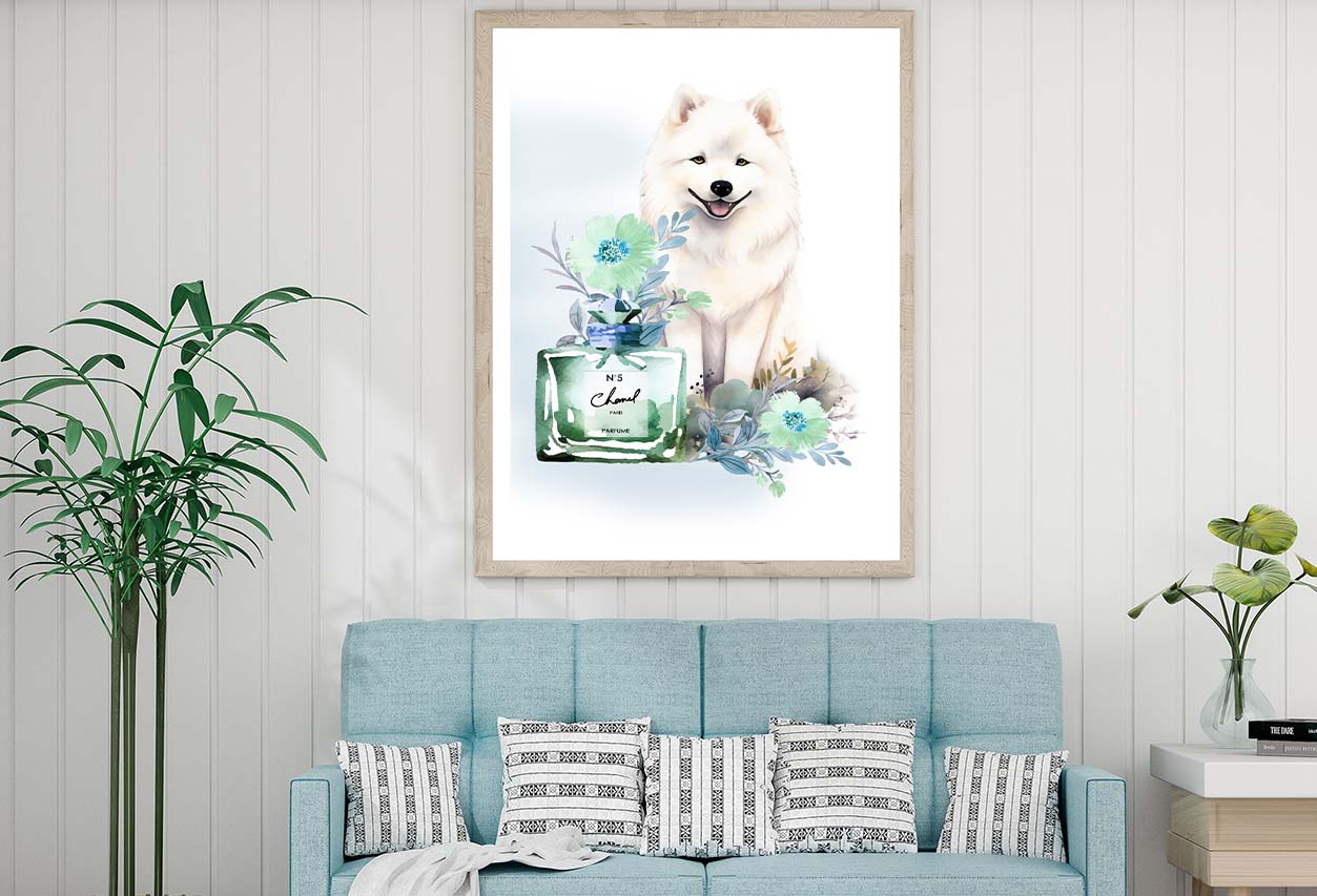 Modern Fashion Perfume with Samoyed Dog Design Home Decor Premium Quality Poster Print Choose Your Sizes