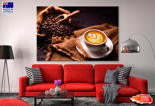 Cup Of Coffee with A Spoon and Some Coffee Beans Wall Art Decor 100% Australian Made