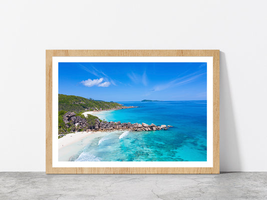 Grand Anse Beach On Island Glass Framed Wall Art, Ready to Hang Quality Print With White Border Oak