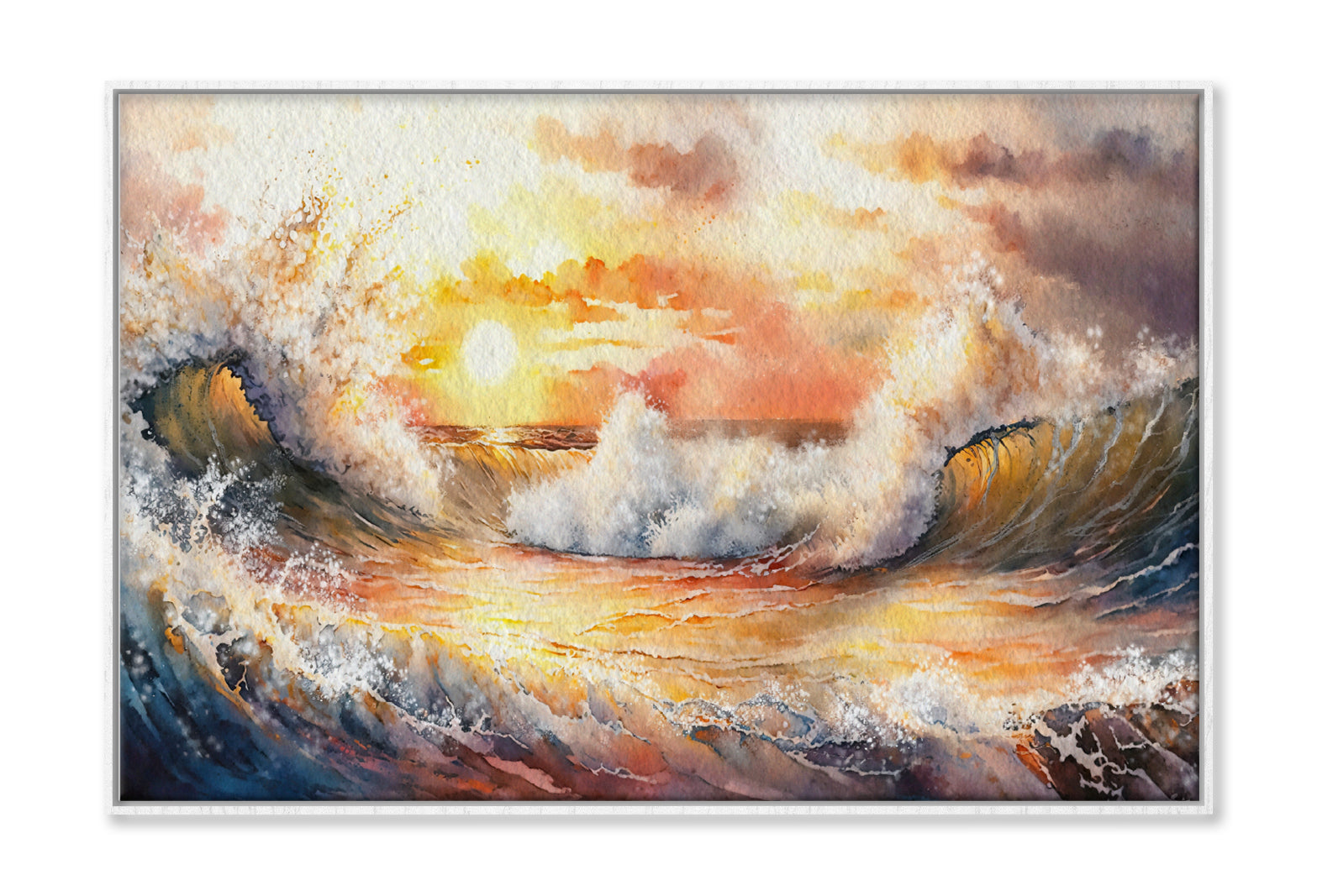 Sea Waves & Sunset Cloudy Sky Watercolor Painting Wall Art Limited Edition High Quality Print Canvas Box Framed White