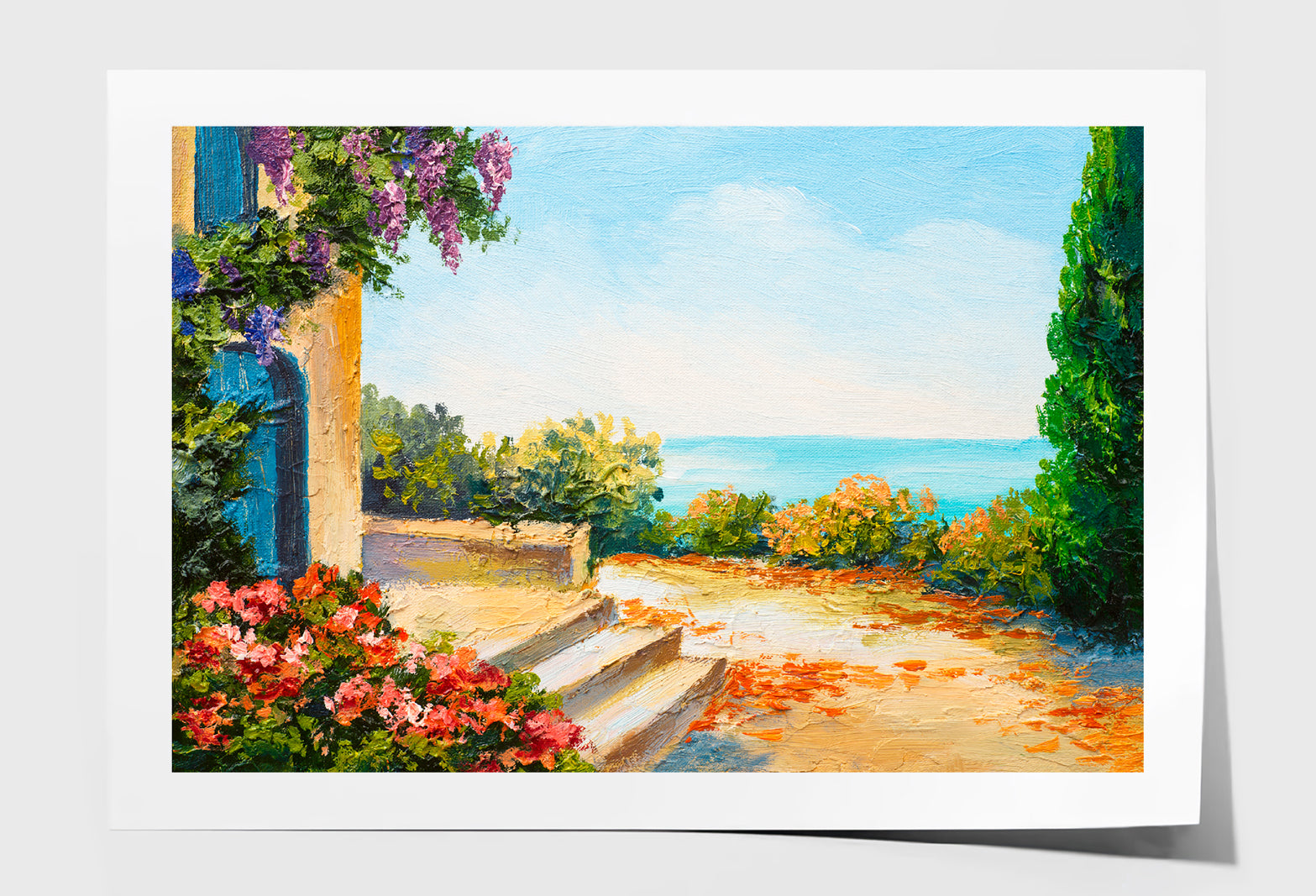 House Near The Sea, Colorful Flowers Oil Painting Wall Art Limited Edition High Quality Print Unframed Roll Canvas None