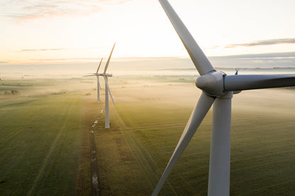 Aerial View Of Three Wind Turbines in The Early Morning Fog at Sunrise Acrylic Glass Print Tempered Glass Wall Art 100% Made in Australia Ready to Hang