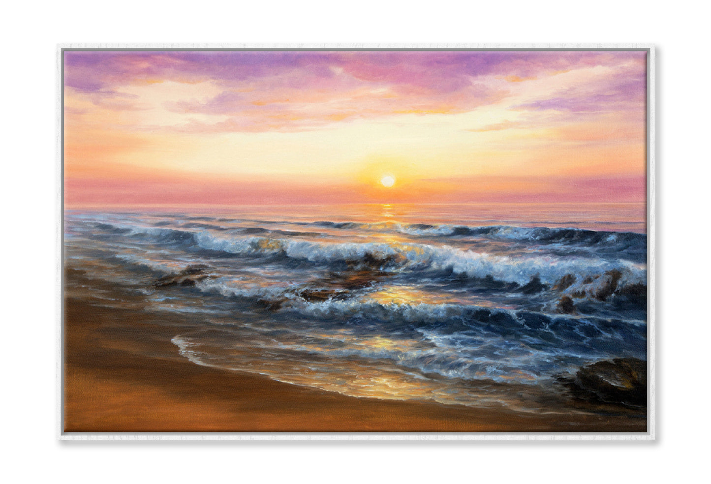 Oil Painting Of Sunset & Beach Limited Edition High Quality Print Canvas Box Framed White