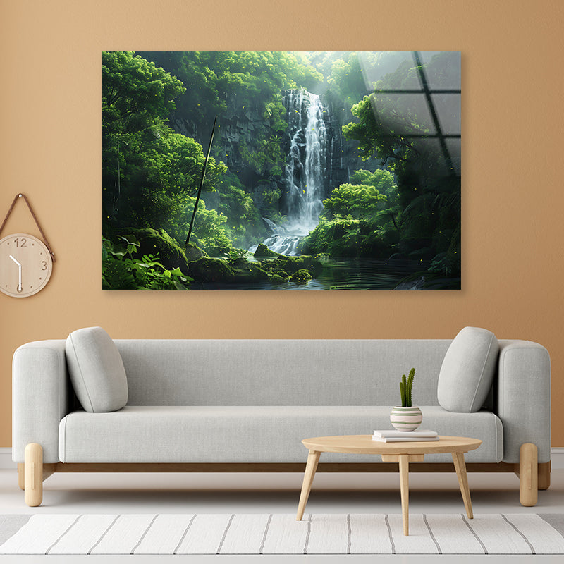 Waterfall, Trees, Lake Acrylic Glass Print Tempered Glass Wall Art 100% Made in Australia Ready to Hang