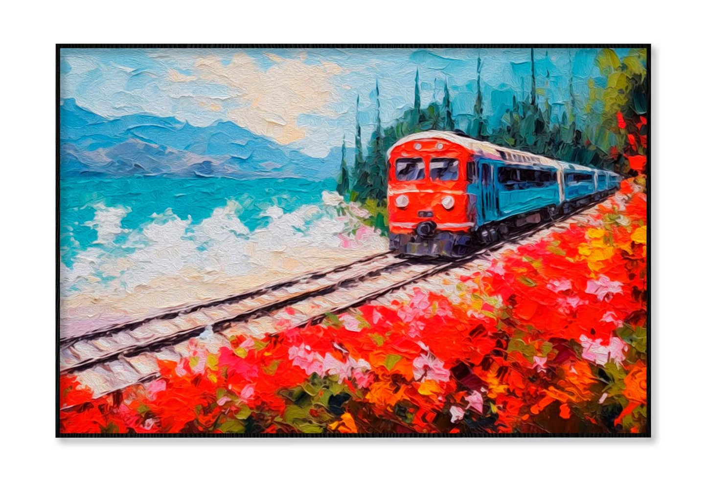 Coastal Railway Train & Flower Field Wall Art Limited Edition High Quality Print