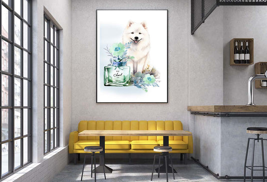 Modern Fashion Perfume with Samoyed Dog Design Home Decor Premium Quality Poster Print Choose Your Sizes