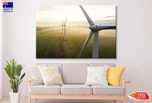 Aerial View Of Three Wind Turbines in The Early Morning Fog at Sunrise Wall Art Decor 100% Australian Made