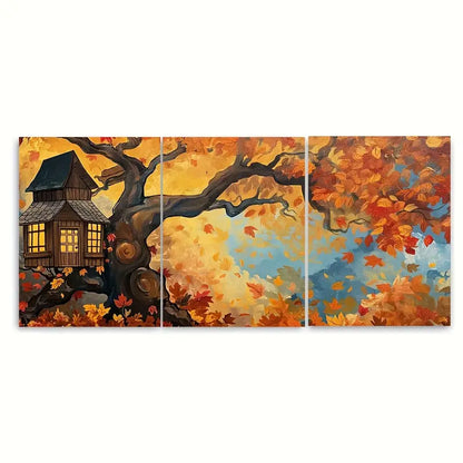 3pcs Autumn Treehouse Fall Foliage Metal Print Ready to Hang Art