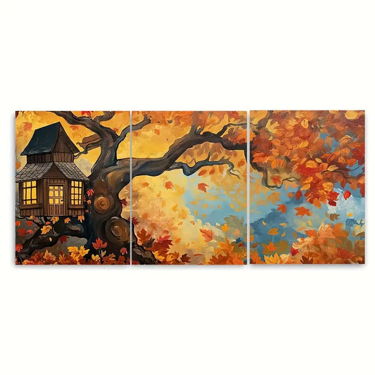 3pcs Autumn Treehouse Fall Foliage Metal Print Ready to Hang Art