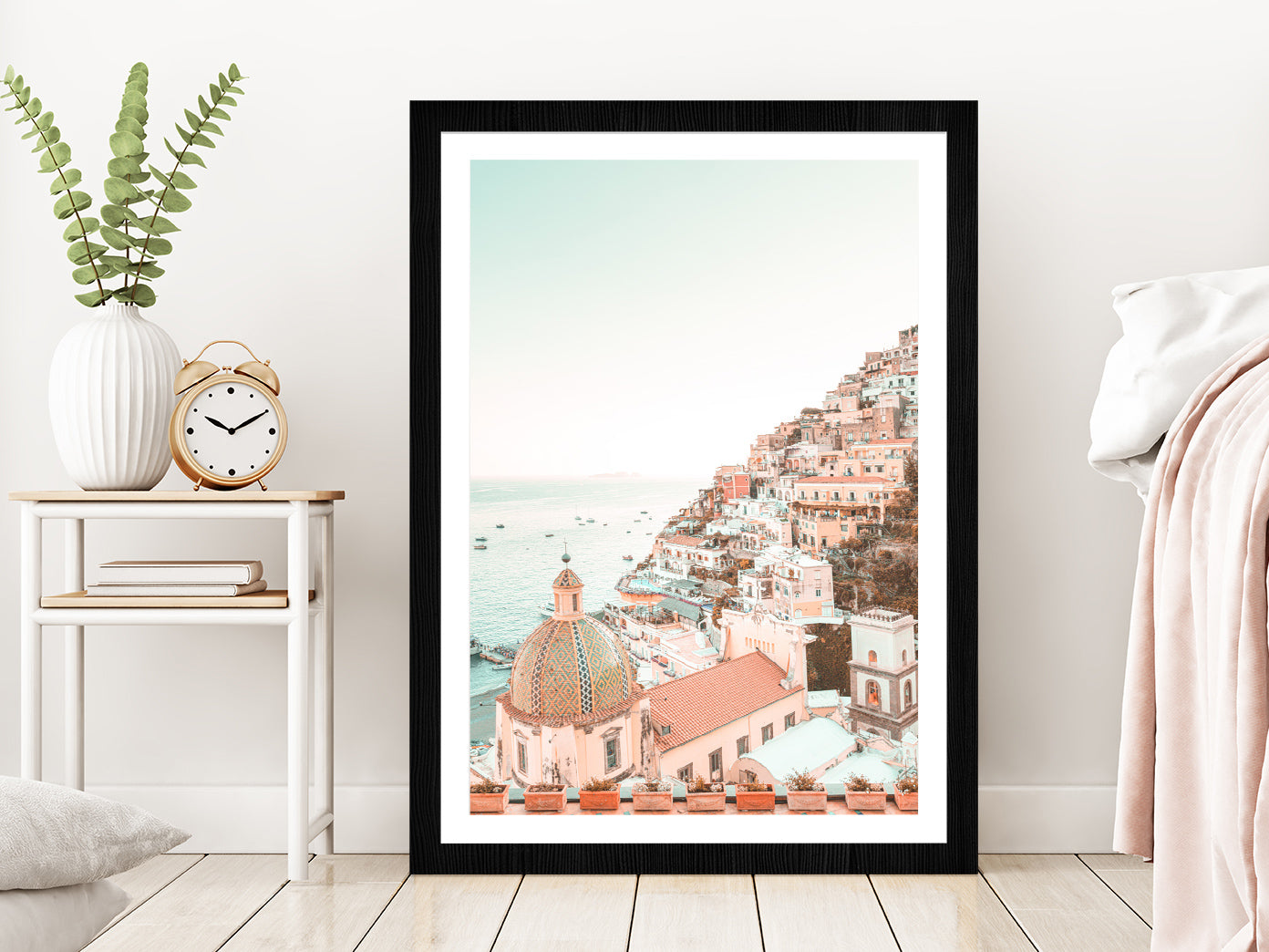 Positano Amalfi Coast Town View Photograph Glass Framed Wall Art, Ready to Hang Quality Print With White Border Black