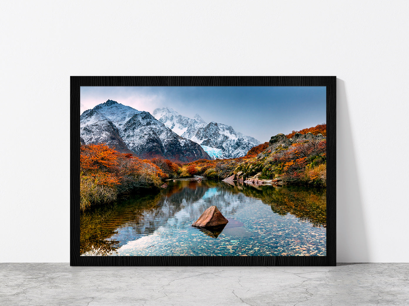 Mountain Reflection In The River Glass Framed Wall Art, Ready to Hang Quality Print Without White Border Black