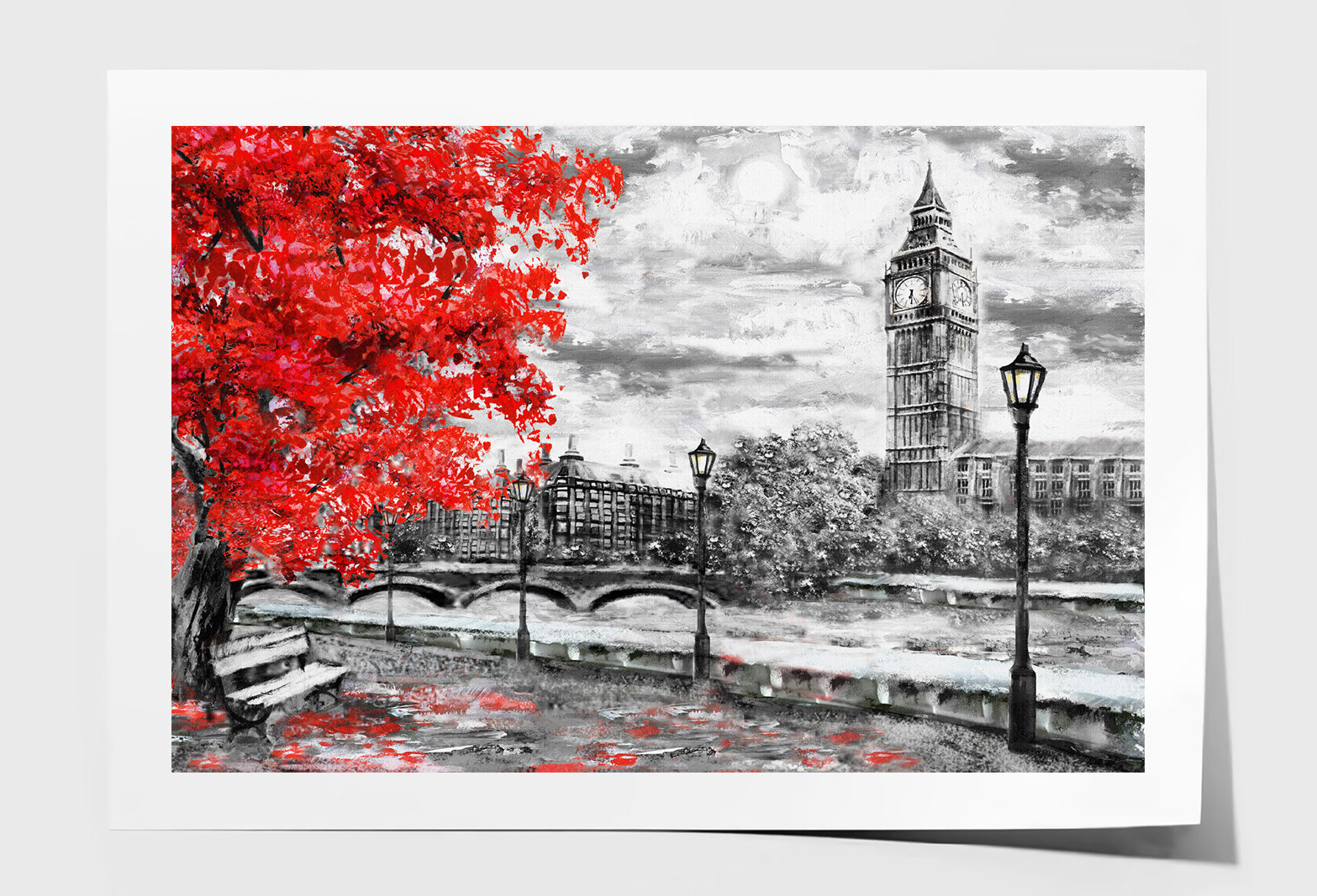 Big Ben Bridge & River with Red Tree Oil Painting Wall Art Limited Edition High Quality Print Unframed Roll Canvas None