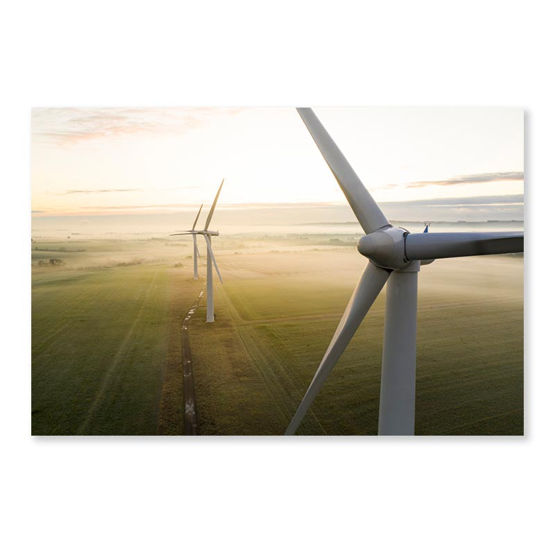 Aerial View Of Three Wind Turbines in The Early Morning Fog at Sunrise Acrylic Glass Print Tempered Glass Wall Art 100% Made in Australia Ready to Hang