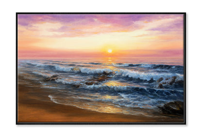 Oil Painting Of Sunset & Beach Limited Edition High Quality Print Canvas Box Framed Black