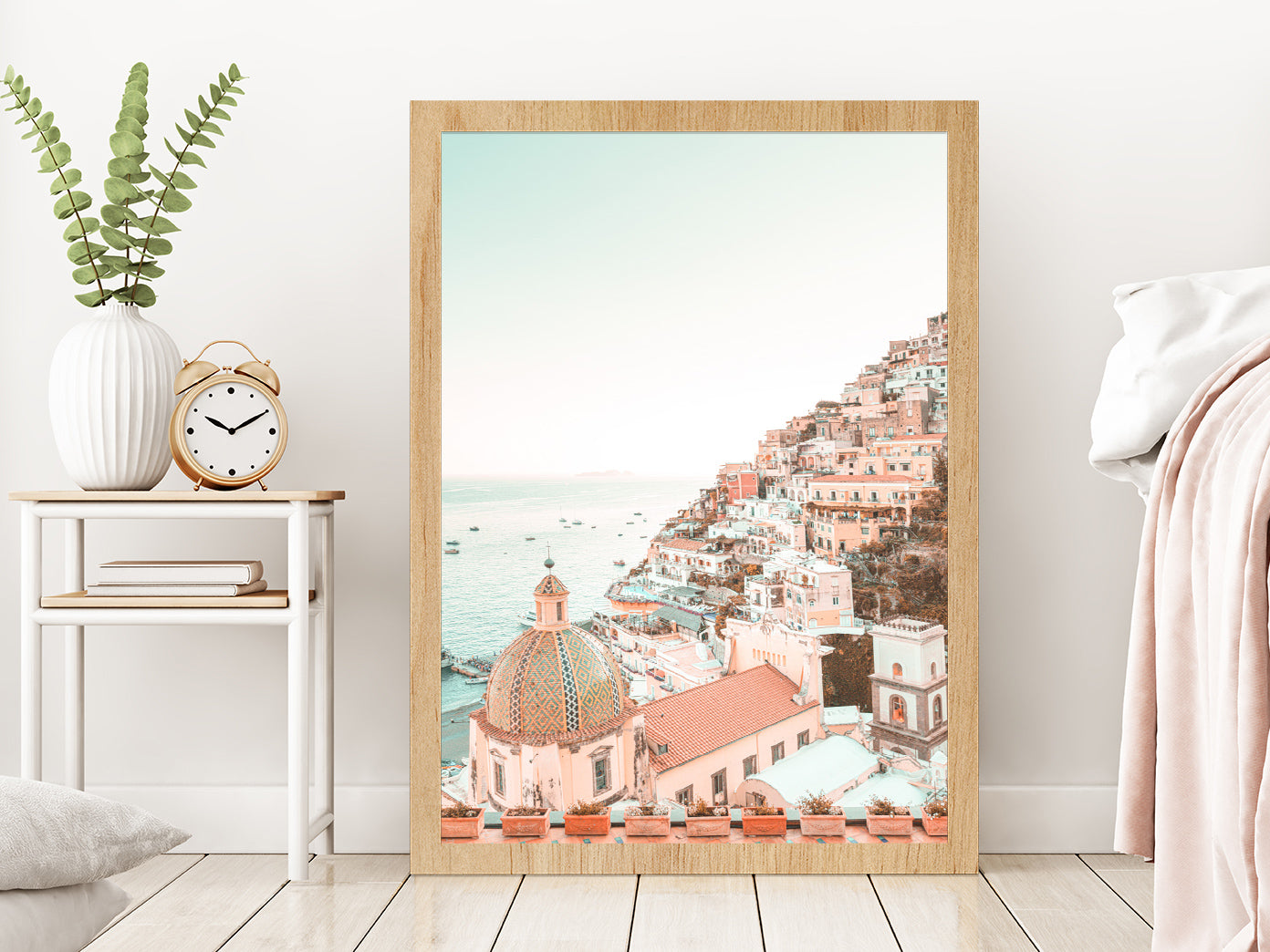 Positano Amalfi Coast Town View Photograph Glass Framed Wall Art, Ready to Hang Quality Print Without White Border Oak