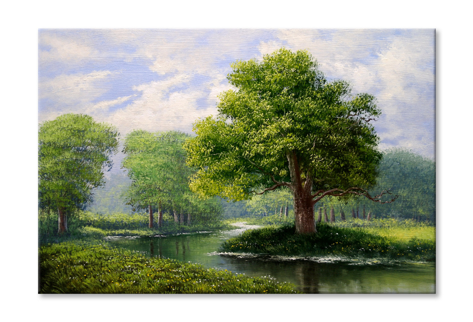 Green Tree Forest & River Cloudy Sky Oil Painting Wall Art Limited Edition High Quality Print Stretched Canvas None