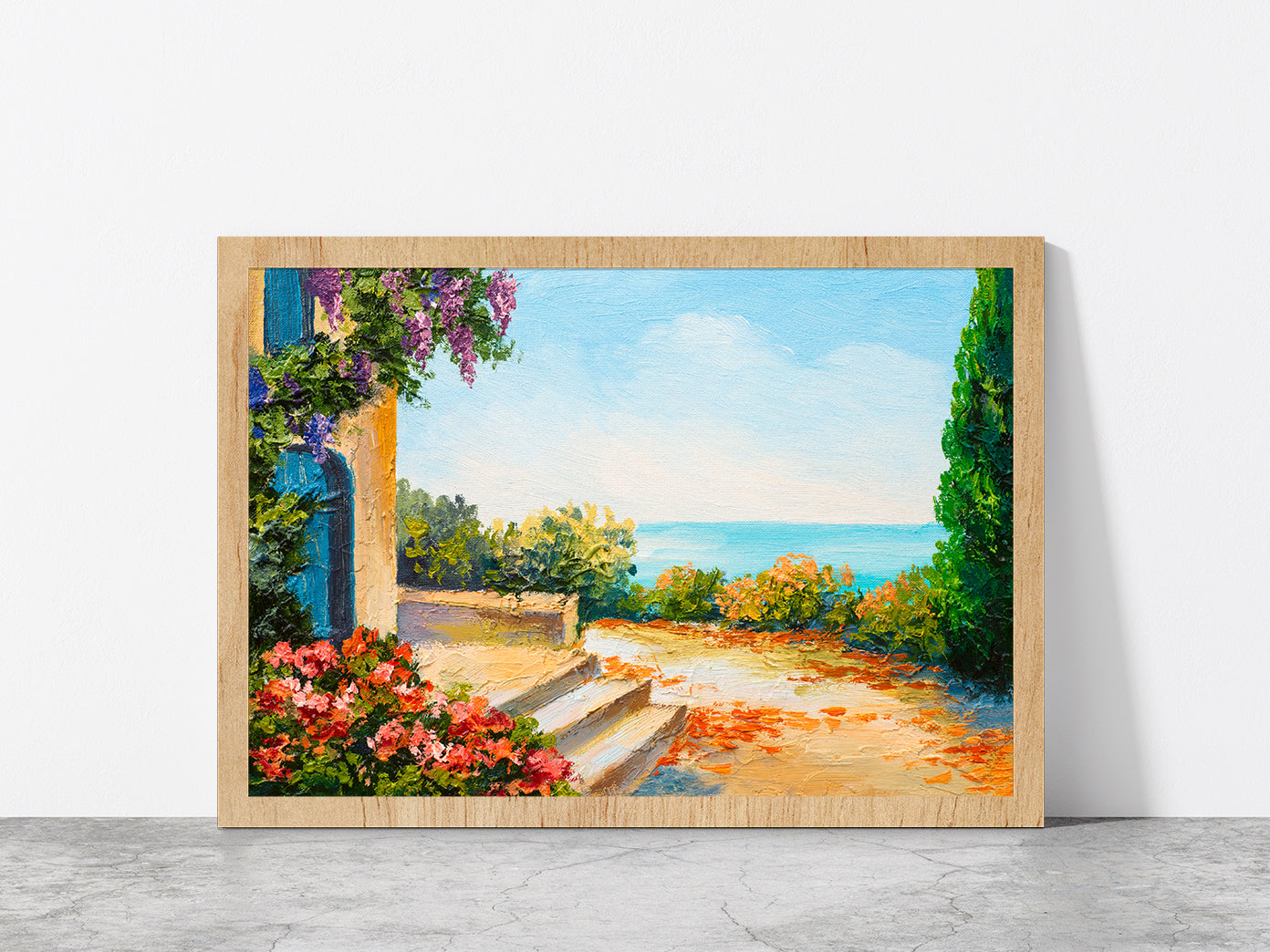 House Near The Sea, Colorful Flowers Glass Framed Wall Art, Ready to Hang Quality Print Without White Border Oak