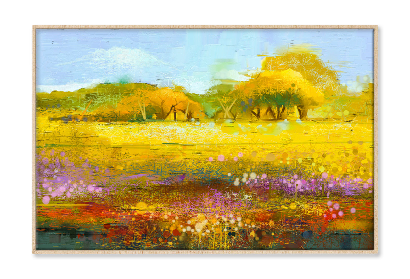 Yellow & Red Wildflowers With Blue Sky Oil Painting Wall Art Limited Edition High Quality Print Canvas Box Framed Natural