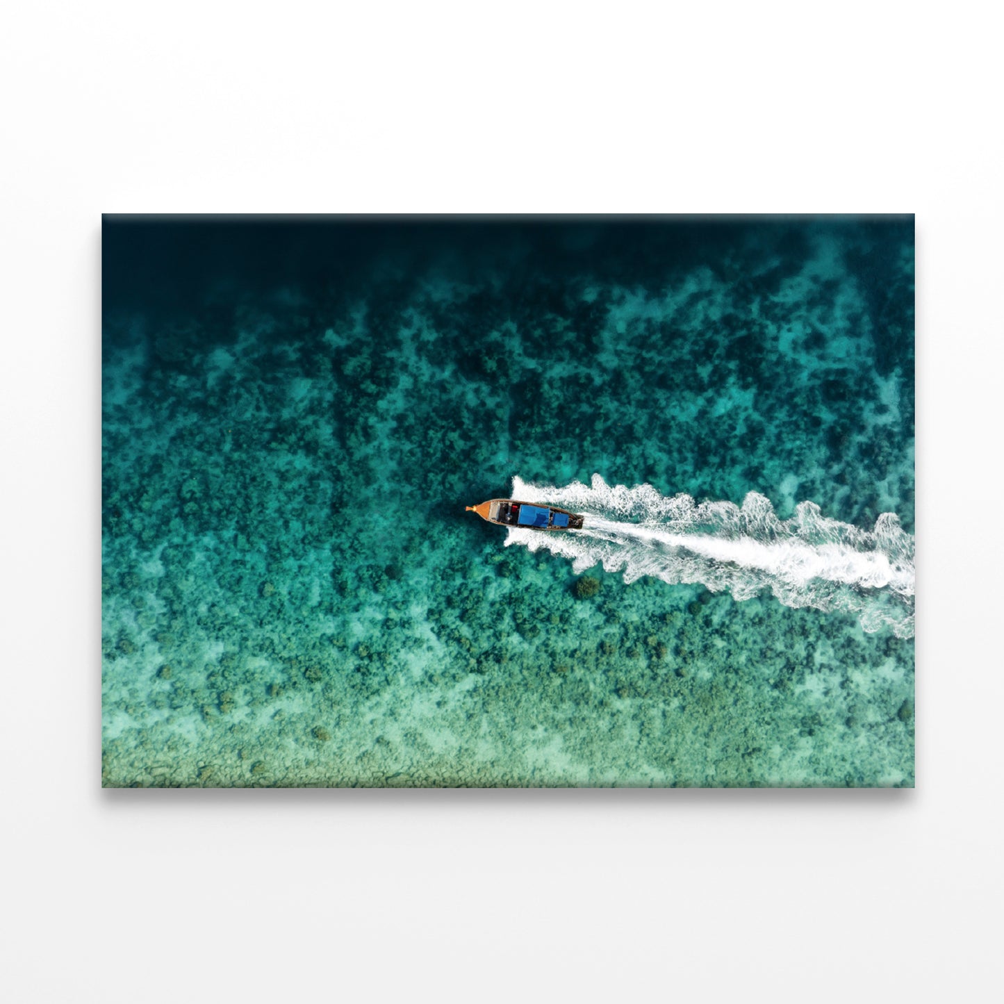 Aerial View of a Long tail Boat Sailing on a Water Print 100% Australian Made