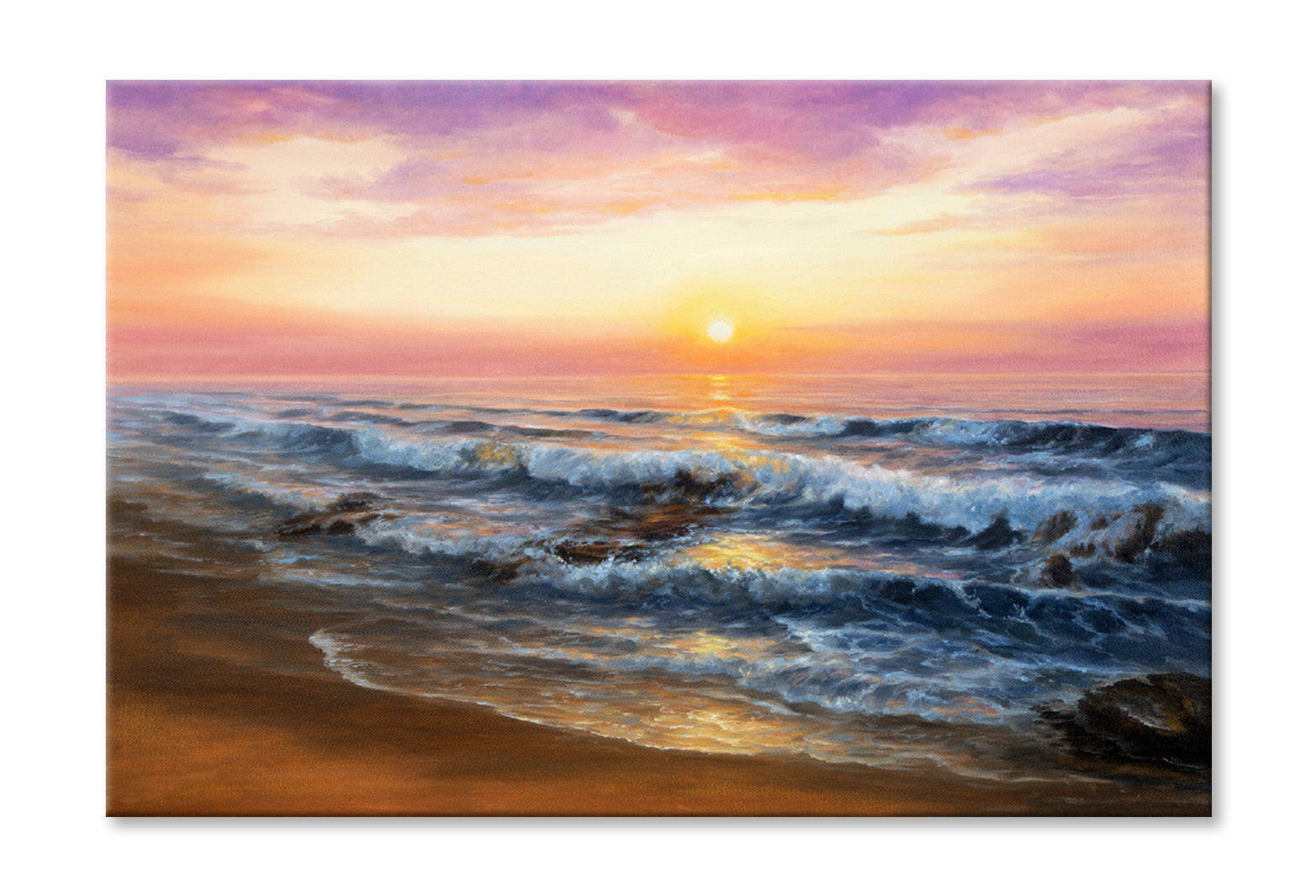 Oil Painting Of Sunset & Beach Limited Edition High Quality Print Stretched Canvas None