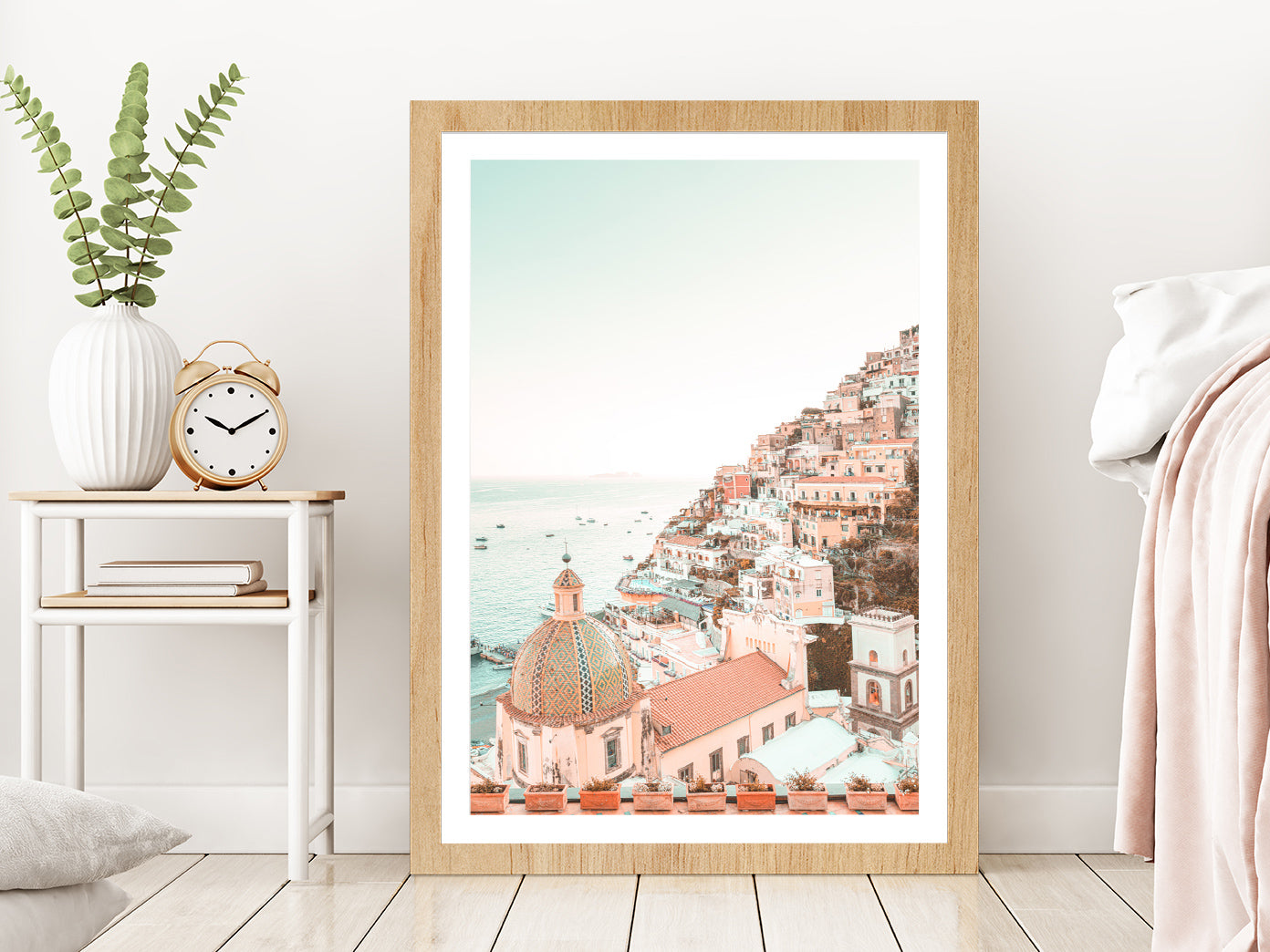 Positano Amalfi Coast Town View Photograph Glass Framed Wall Art, Ready to Hang Quality Print With White Border Oak