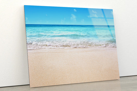 A Sandy Beach with Waves Crashing On It Acrylic Glass Print Tempered Glass Wall Art 100% Made in Australia Ready to Hang