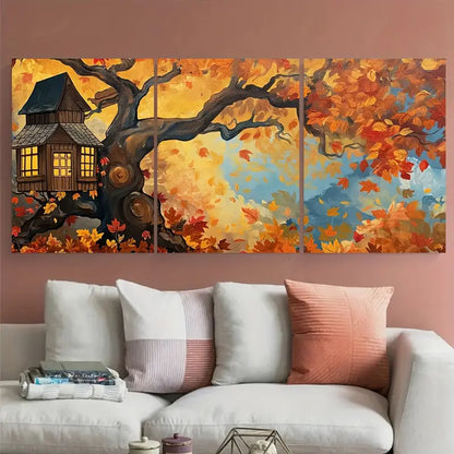 3pcs Autumn Treehouse Fall Foliage Metal Print Ready to Hang Art