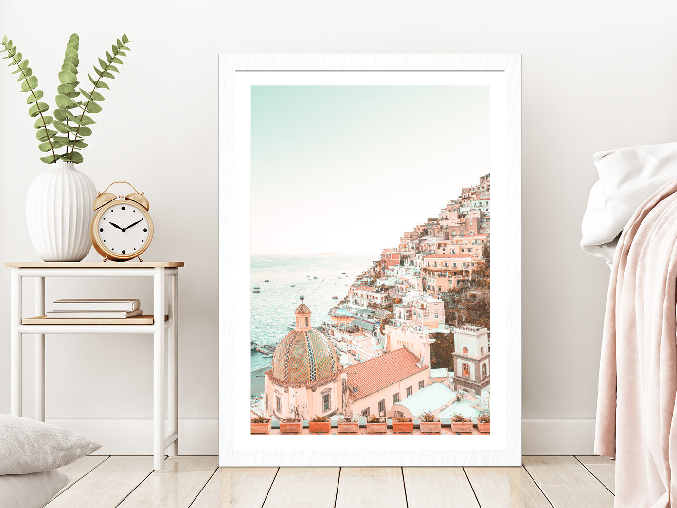 Positano Amalfi Coast Town View Photograph Glass Framed Wall Art, Ready to Hang Quality Print With White Border White