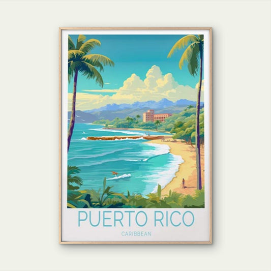 Puerto Rico Caribbean Beach & PalmTrees Travel Poster Print Wall Art