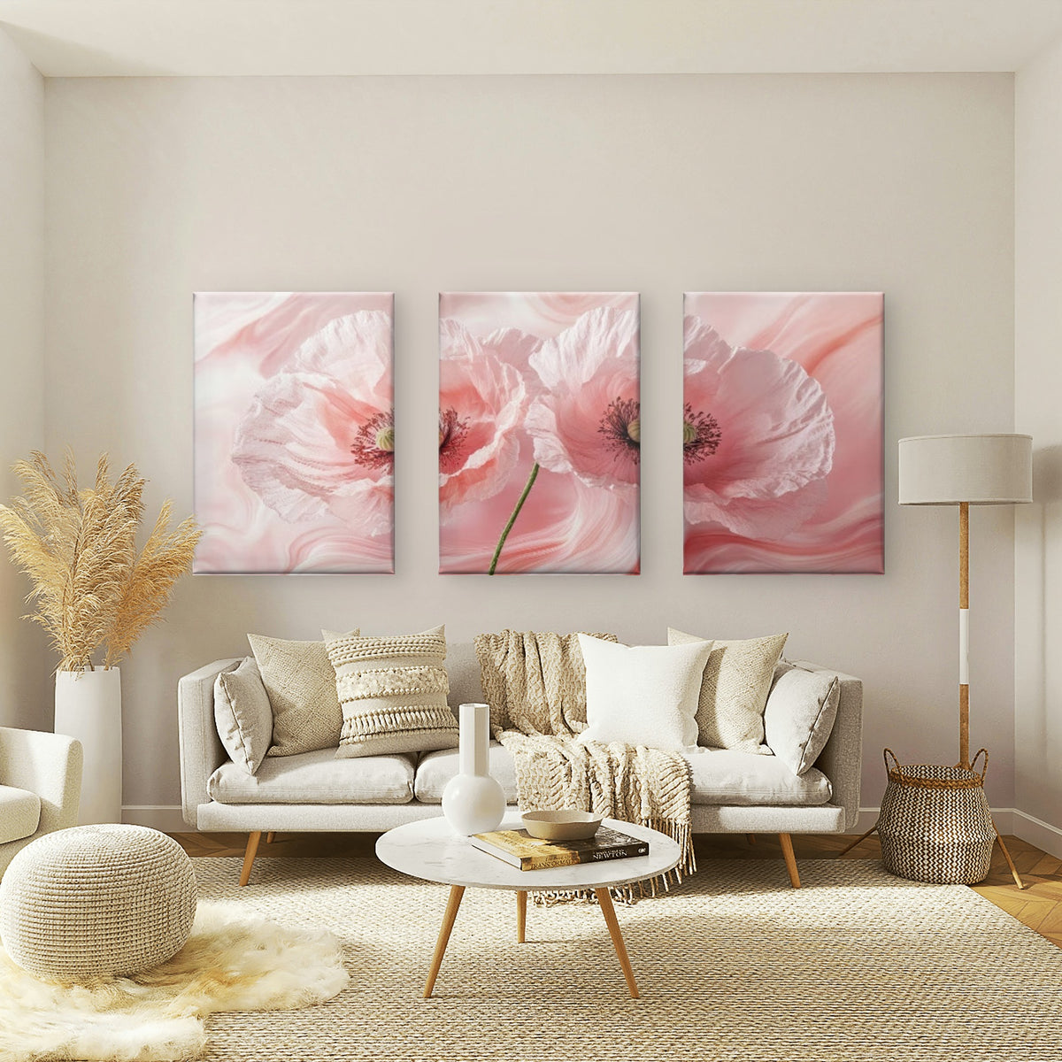 3pcs Blush Pink Poppy Floral Fluid Marble Botanical Romantic Watercolor Wall Art Set Canvas Framed 60x90cm - High Quality Print 100% Australian Made Wall Canvas Ready to Hang