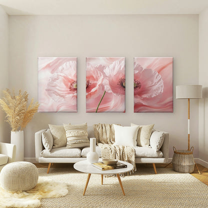 3pcs Blush Pink Poppy Floral Fluid Marble Botanical Romantic Watercolor Wall Art Set Canvas Framed 60x90cm - High Quality Print 100% Australian Made Wall Canvas Ready to Hang
