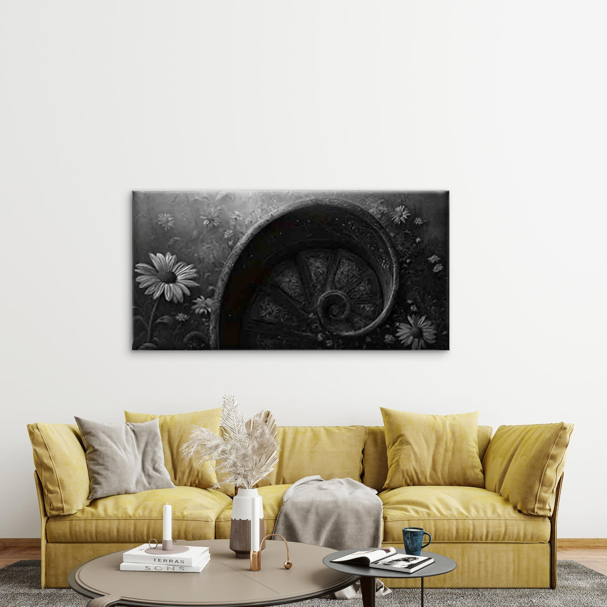Spiral Staircase And Daisies Wall Art Canvas Office Home Room Framed 120x60cm