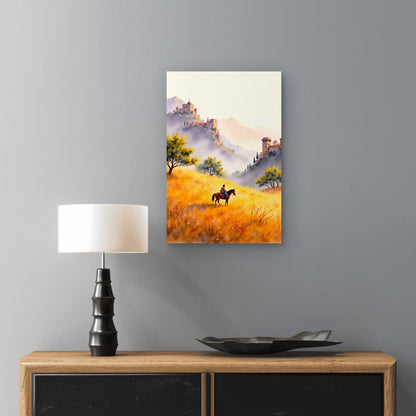 Rider Horseback Overlooking Castle Golden Landscape 40x60cm Metal Print Ready to Hang