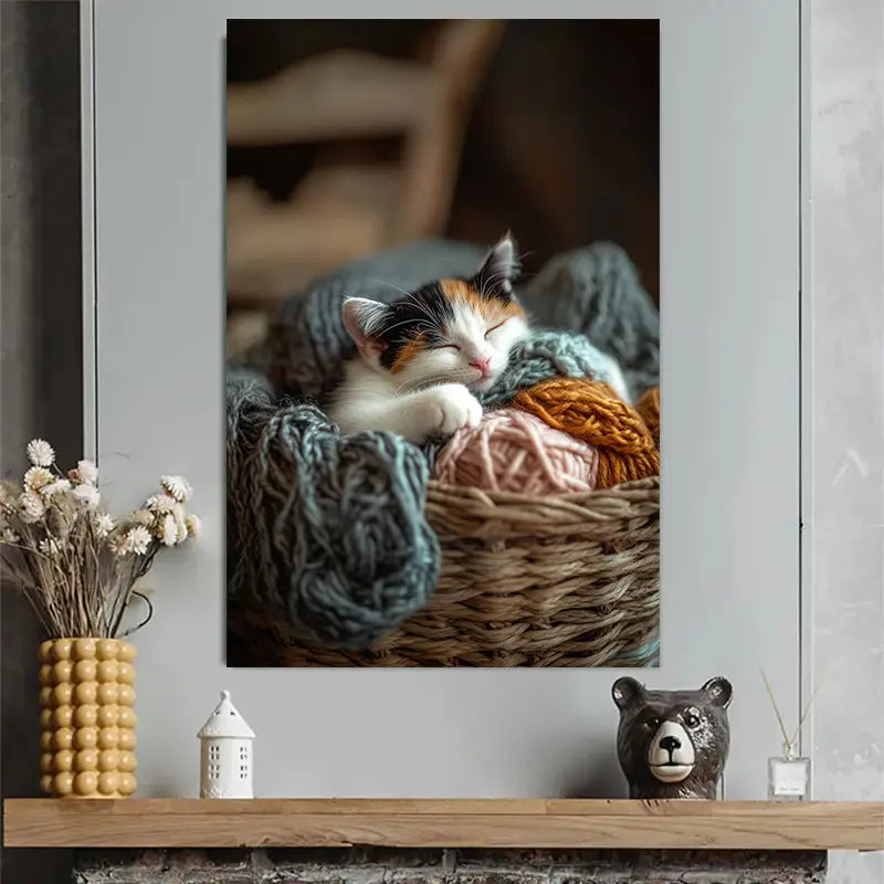Cat Sleeping with Yarn Balls Art Poster 40x60cm Metal Print Ready to Hang