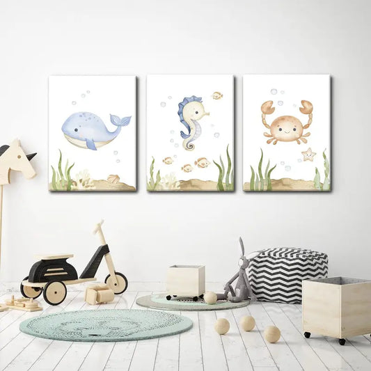 3pcs Ocean Seahorse, Whale & Crab Metal Print Ready to Hang Art