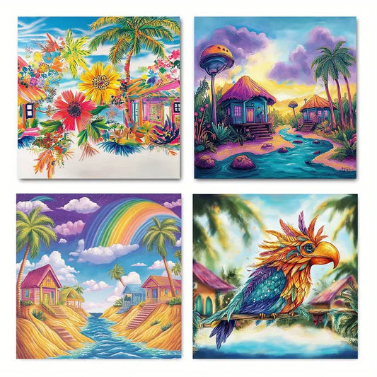 4pcs Island Charm Beach House Coconut Tree Wall Art Canvas Framed