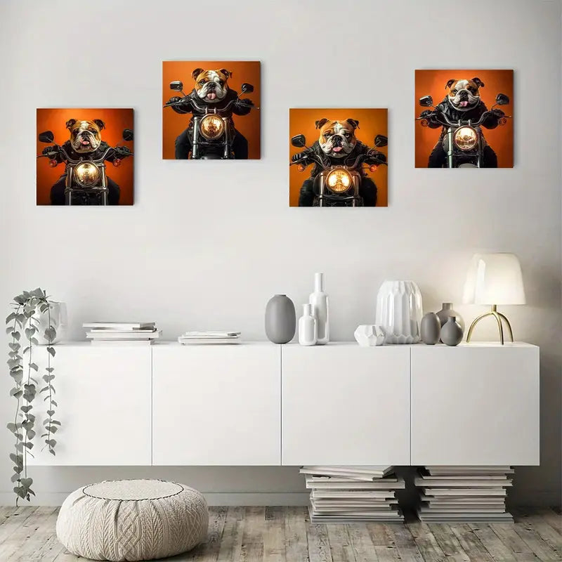 4pcs Abstract Bulldog on Motorcycle  Print o Wall Art Canvas Framed