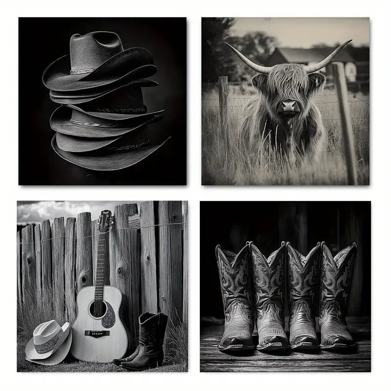 4pcs Western Cowboy Highland Cow Boots Straw Wall Art Canvas Framed